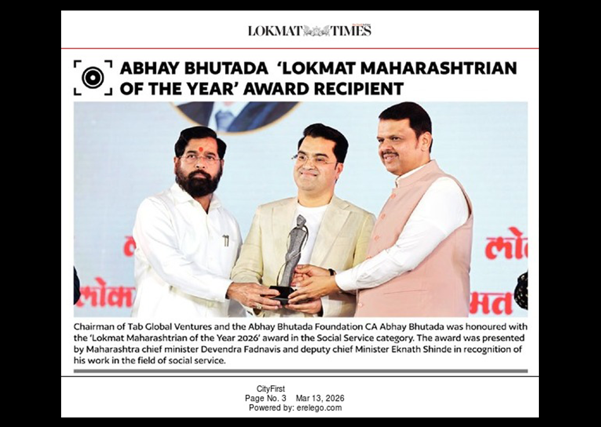 CA Abhay Bhutada, Chairman of the Abhay Bhutada Foundation and TAB Global Ventures, was honoured with the Philanthropist of the Year Award 2026 by Devendra Fadnavis and Eknath Shinde, as featured in Lokmat Times on 13 March 2026