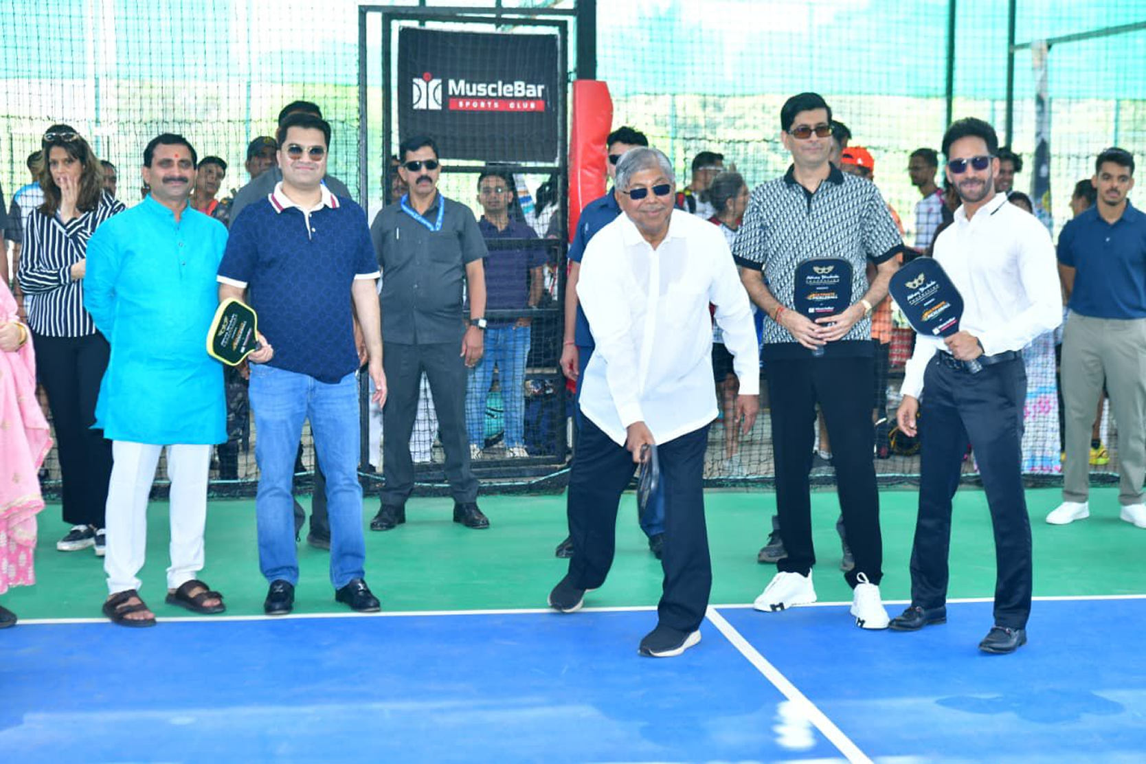 CA Abhay Bhutada and Honourbale Minister Chandrakant Patil play a pickleball game at the opening ceremony of the Ultimate Pickleball League